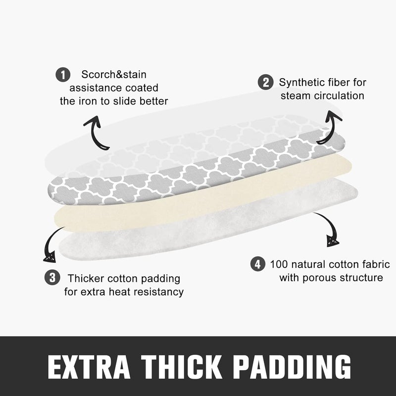 WOHAIXO Ironing Board Cover and Pad, Standard Size 12" x 42" Iron Board Replacement Cover, 4 Layers Extra Thick Iron Board Cover Resist Scorching and Staining with Elastic Edge and 2 Fastener Straps - Image 3